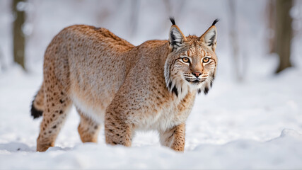 Obraz premium Portrait of Lynx walking through snowy field 
