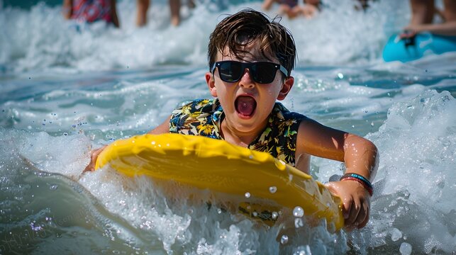 Joyful Young Boy Splashing and Laughing in Summer Swimming Pool