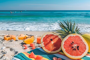 Tropical Fruits and Vibrant Beach Scene for Summer Getaway