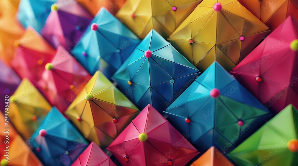 Poster a dynamic geometric pattern of interlocking triangles in bold primary colors, creating a visually st