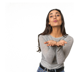 Hispanic young woman folding lips and holding palms to send air kiss.