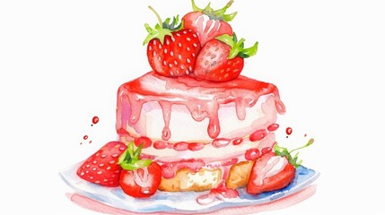A watercolor painting of a cute, kawaii strawberry shortcake, layered and light, isolated on white background
