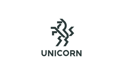 Heraldic Monochrome Black on White Logotype of Unicorn Standing on Its Hind Legs. Dynamic Icon Character Symbolizing Strength and Power in Line Geometric Style Suitable for Tshirts, logos Your Brand.