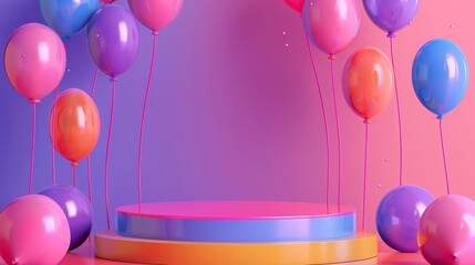 Balloons in vibrant hues float above the stage podium, setting a festive mood for the birthday celebration, product display background