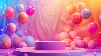 Balloons in vibrant hues float above the stage podium, setting a festive mood for the birthday celebration, product display background