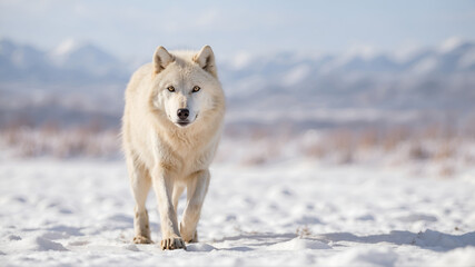 Obraz premium Portrait of Arctic wolf walking through snowy field 