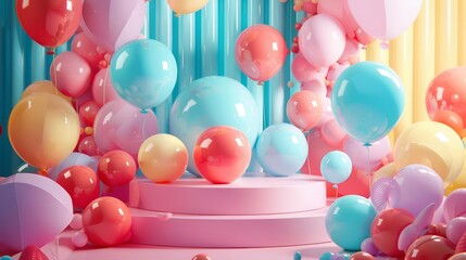 Balloons in vibrant hues float above the stage podium, setting a festive mood for the birthday celebration, product display background