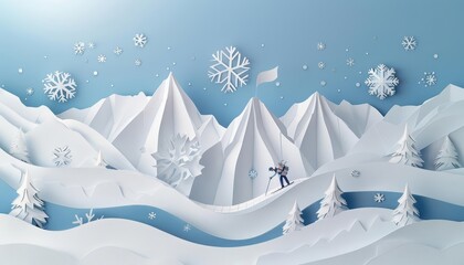 Fototapeta na wymiar Delicate snowflakes drift down upon a paper cut mountain range, where miniature travelers ascend snowy peaks with gear in tow, paper art style concept