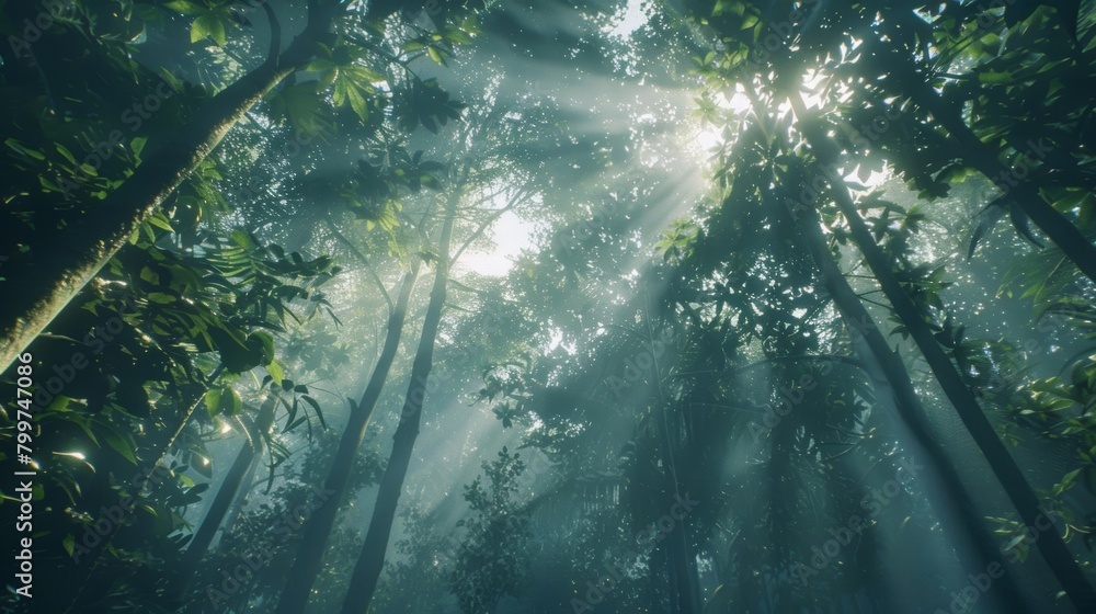 Poster this illustration showcases a dense forest teeming with numerous towering green trees, creating a ri