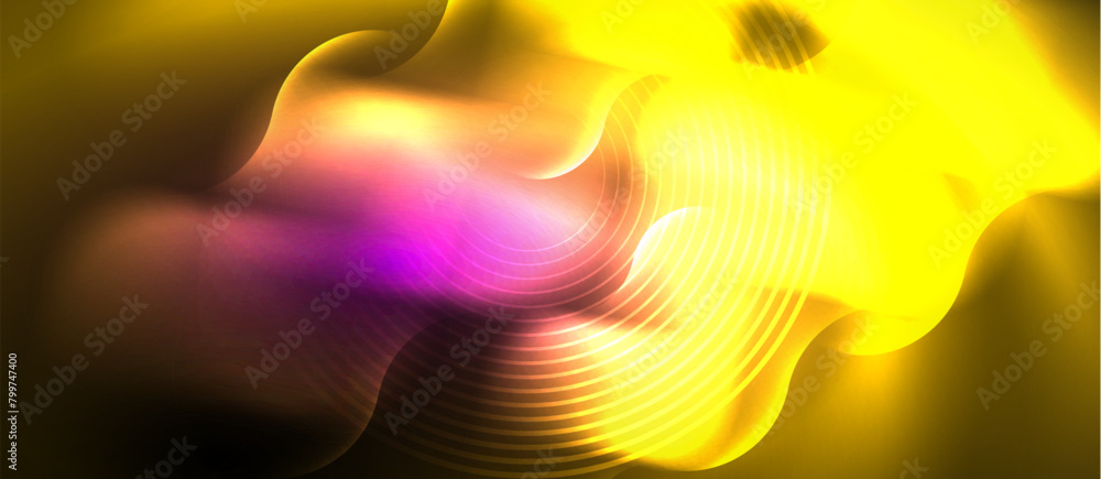 Poster A closeup photo of a vivid yellow and purple petal with blurred tints and shades against a dark background, creating a mesmerizing pattern in macro photography
