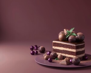 Luxurious truffles and a slice of velvety cake form the centerpiece in this banner, embodying the element of sweet indulgence, Sharpen banner background concept 3D with copy space