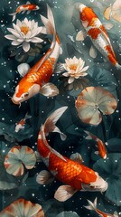 A tranquil garden pond with koi fish swimming among water lilies.watercolor storybook illustration