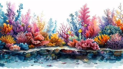 A vibrant underwater coral reef teeming with marine life.watercolor storybook illustration