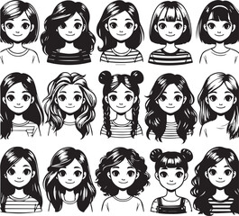 Vector lady hairdo silhouette set, black. Illustration hairstyles for females of diverse themes