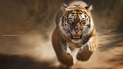 Tiger runs for the attack on blurred background.