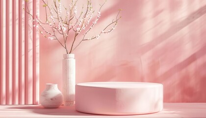Gentle pastel shades offer a tranquil setting on the pink plinth stage, ideal for highlighting elegance, product display background