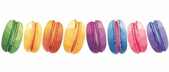 Here is a minimal depiction of a set of colorful macarons, so cute and perfectly aligned, isolated on white background