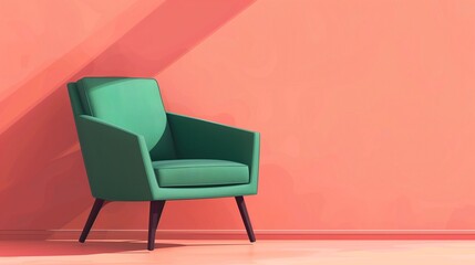 Flat solid color illustration of a forest green modern armchair on a rose quartz background