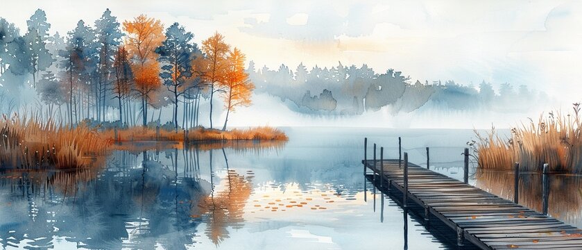 A tranquil lakeside scene at dawn with mist rising off the water.