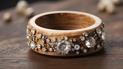 A rustic wooden ring adorned with tiny crystals, adding a touch of sparkle to its earthy charm. 