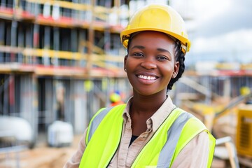 Smiling Female Construction Worker in Yellow Hard Hat at Building Site During Daytime