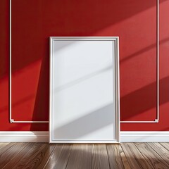 Dynamic Contrast: Empty Poster Frame Against Red Wall on Wood Floor