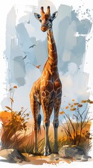 Safari animals such as  giraffes  watercolor storybook illustration