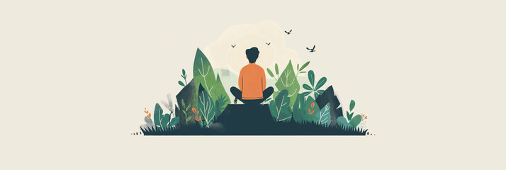 A person in meditation surrounded by natural elements, illustrating tranquility and inner peace