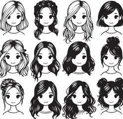 Vector lady hairdo silhouette set, black. Illustration hairstyles for females of diverse themes
