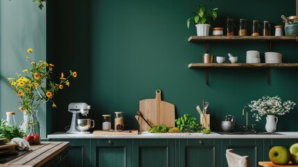 Kitchen room interior with dark green walls.AI generated image.