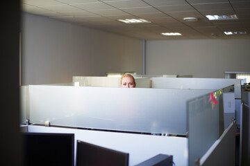 Business, cubicle and portrait of woman with eyes for planning, consulting and human resources....