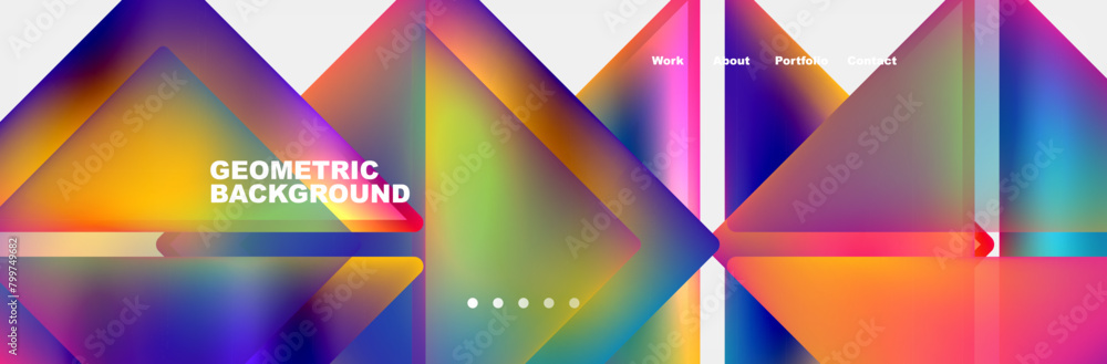 Poster An artistic display of colorfulness with purple and violet squares and triangles creating a symmetrical pattern on a white background, featuring magenta rectangles