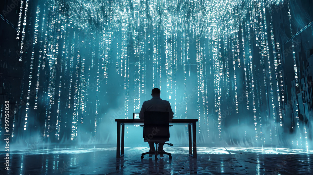 Aufkleber a man sits at a desk in front of a wall of vibrant lights, intensely focused on hacking into a compu