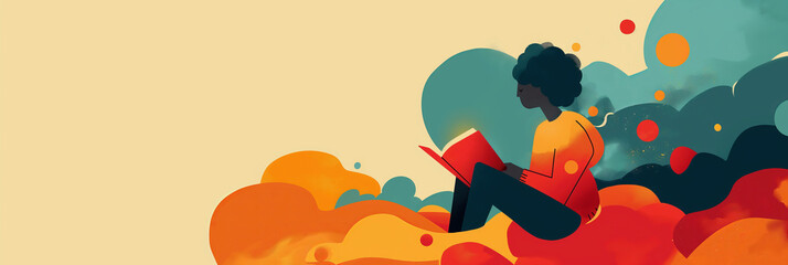 An illustration of a woman engrossed in reading amidst abstract warm-toned clouds, evoking coziness and imagination