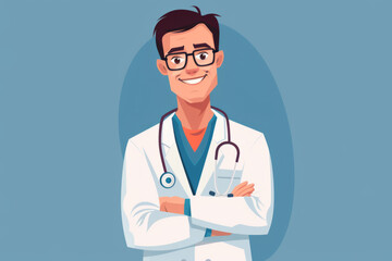 Doctor. Medicine. The smiling male doctor. A flat illustration in the field of healthcare.