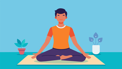 A student sitting crosslegged on a yoga mat focusing on their breath and practicing various poses to release tension and find inner peace.. Vector illustration