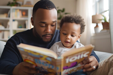 A young father reading a book to his child in a serene setting with calming light, capturing a moment of parent-child bonding and learning, emphasizing the nurturing relationship and educational inter