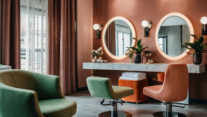 Interior of a beauty salon in peach and olive colors. Design, creativity.