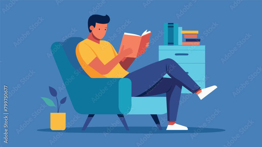 Poster a man settles into a recliner with a good book and a warm cup of tea using reading as a form of esca