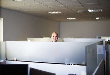 Happy, cubicle and portrait of business woman in office for planning, consulting and human resources. Corporate, professional and person in coworking space for insurance company, agency and startup