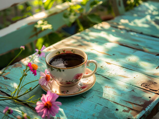 cup of a coffee on a table with flowers -ai