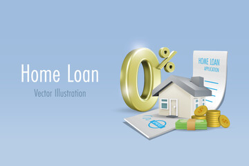 Home loan, mortgage refinance concept. House with zero percent interest fee offer on approved home loan application paper. Banking, financial loan campaign. 3D vector.	

