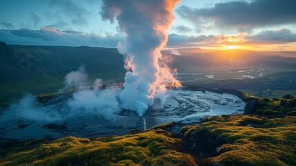 A geothermal power plant harnessing energy from the Earth's core, Geothermal plant infrastructure visible