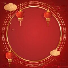 Celebratory red background with a golden decorative frame and clouds