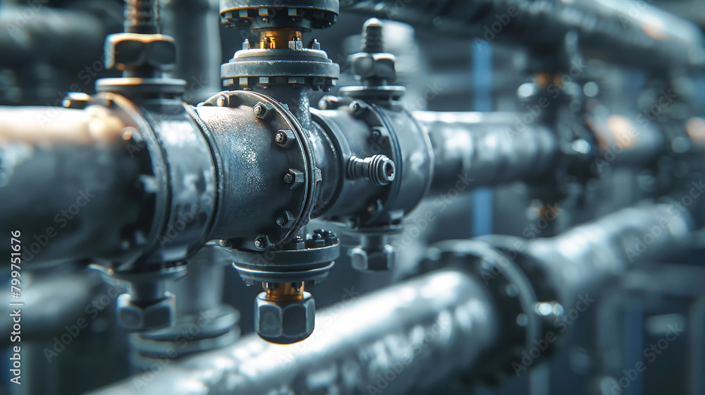 Poster intricate pipes and valves intertwine, creating a complex and vital system within a building