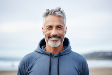 Smiling Senior Man Wearing Hoodie at the Beach on Overcast Day