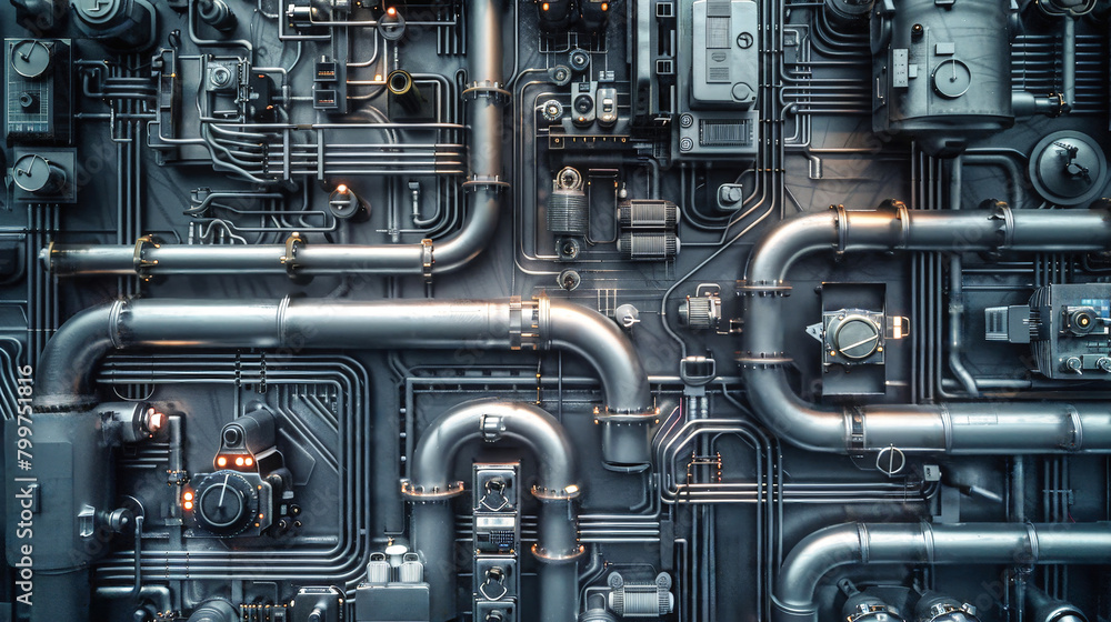 Poster detailed close-up of a complex metal structure with pipes and valves intertwining in a mesmerizing i