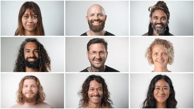 Happy beautiful multi ethnic models. Multicultural human smile. Joy multiethnic mix. Nations diversity close up. International mixed women collage. Multinational men. Multiracial nationality diverse.