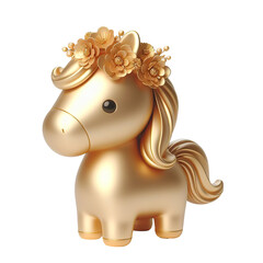a 3D cute gold Horse with flowers white background, simple, minimalist PNG
