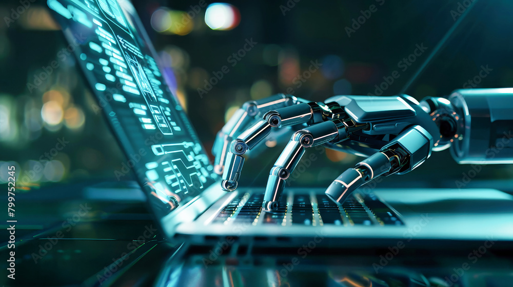 Aufkleber a robotic hand, exhibiting sophisticated artificial intelligence, types on a laptop keyboard with pr